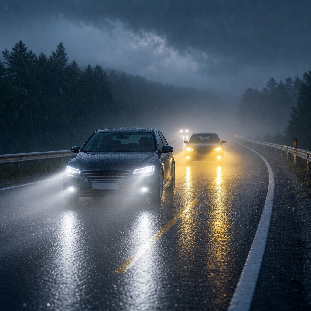 雨雾天汽车大灯穿透照明和湿路面效果